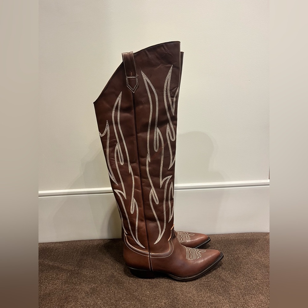 Sonora Brown Over-the-Knee Leather Boots with White Stitching